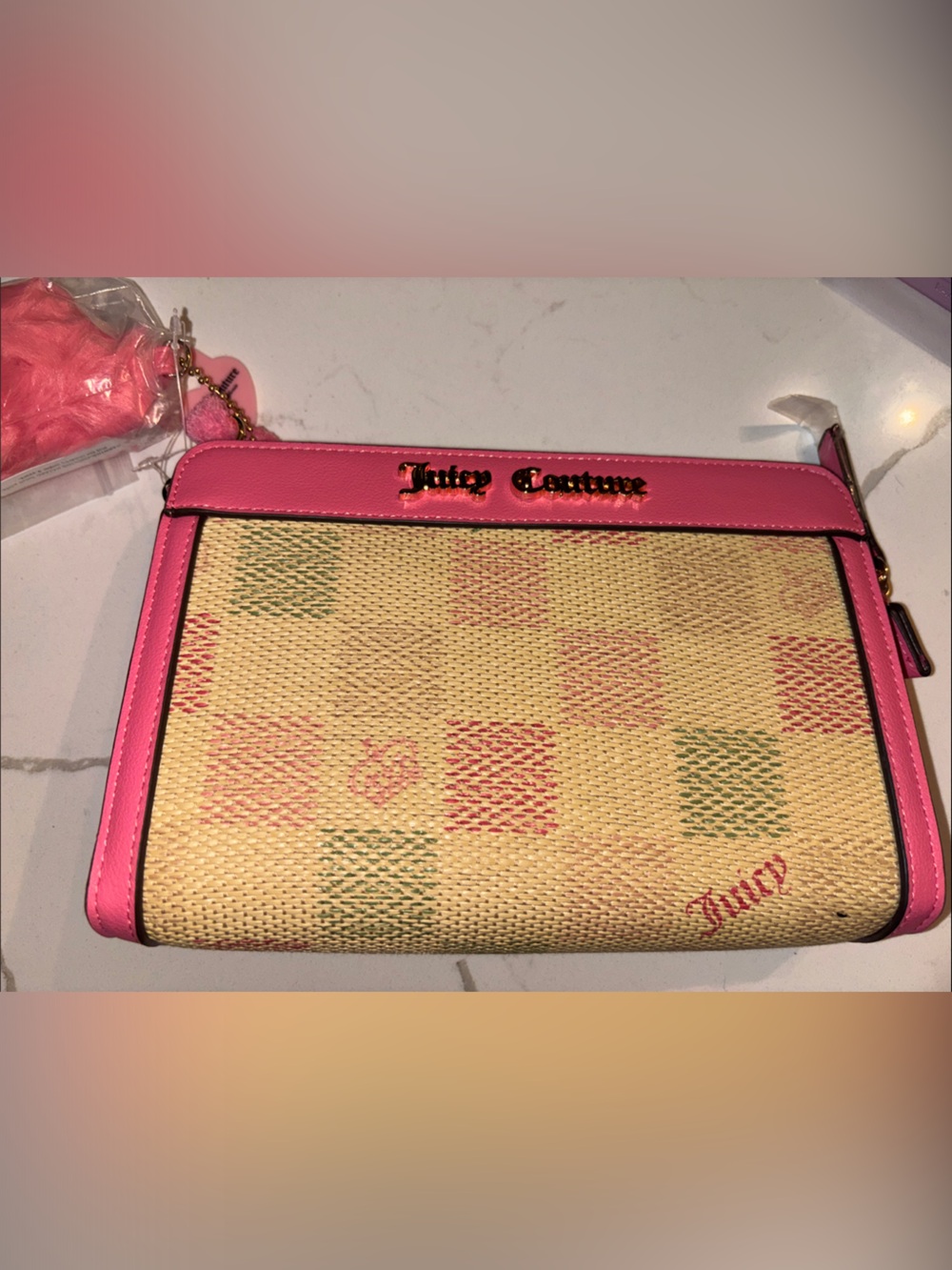 Juicy Couture Pink Trim Checkered Straw Wristlet NEW